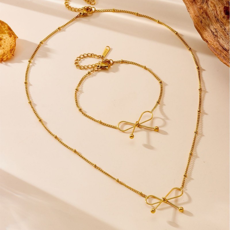 Cross-Border Women's Titanium Steel Non-Fading Bowknot Gold New High-End Jewelry Wholesale Bracelet Necklace Set