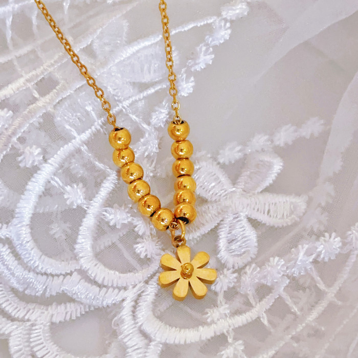 Non-Fading New Luxury 18K Gold Exquisite Stainless Steel Necklace for Women Versatile Bead Daisy Jewelry Elegant Ins Style