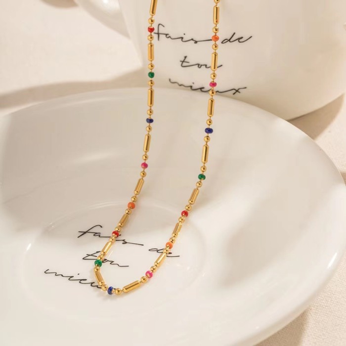 Rainbow Necklace Oil Drop Colorful Beads Bohemian Bare Chain Titanium Steel Plated 24K Gold Not Easy to Fade Collarbone Chain