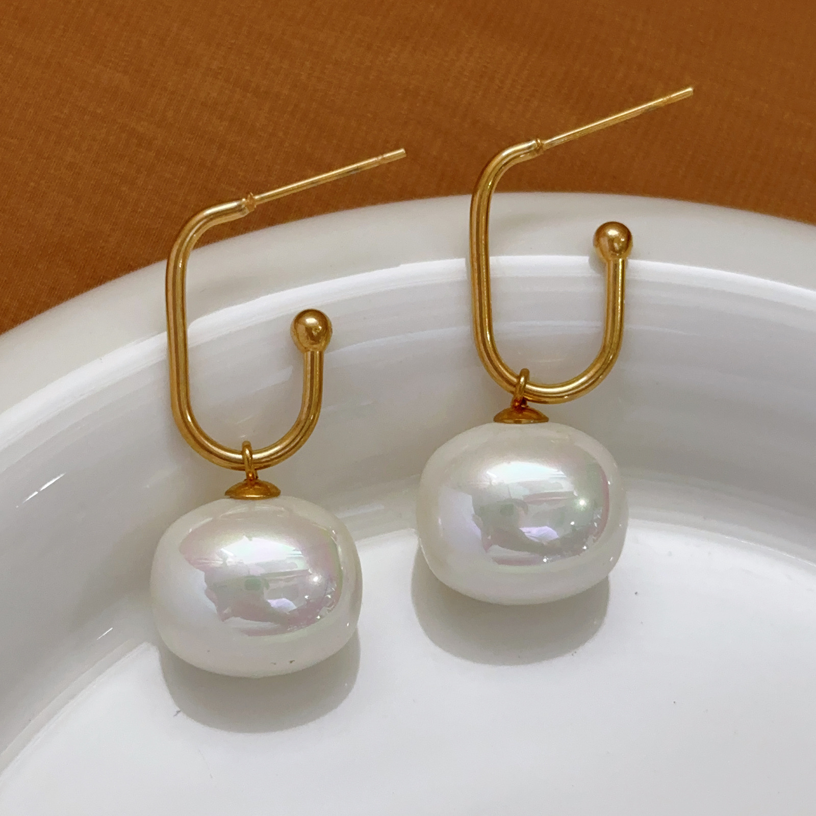 Simple European and American Style Elegant Metal Ear Clips Round Pearl Temperament Earrings Personality Earrings Jewelry