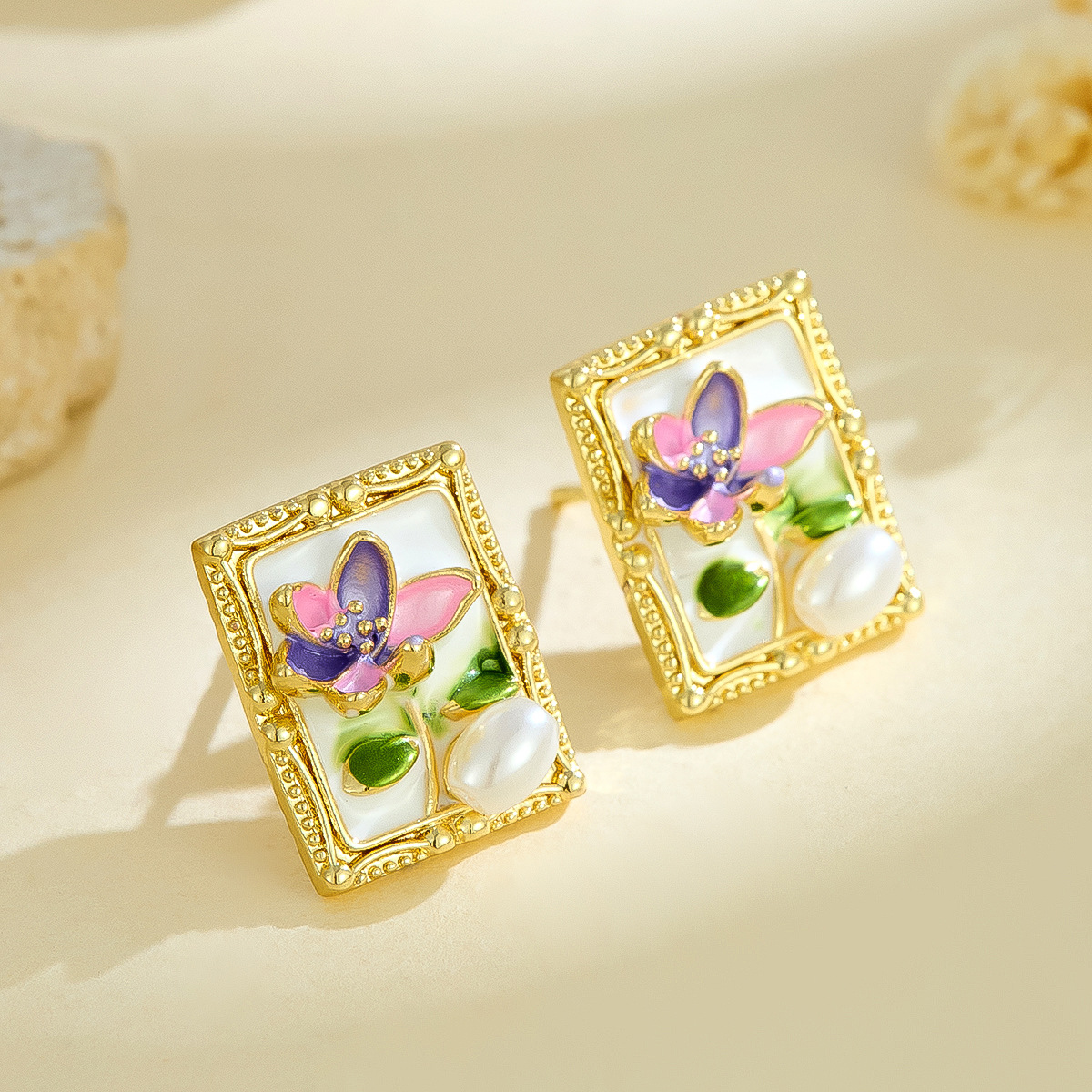 Monet Garden Vintage Style Natural Pearl Earrings European and American Retro High-end Goddess Temperament Oil Painting Style Earrings