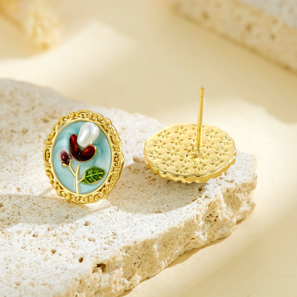 Vintage Oil Painting Style Fashion Versatile Pearl Painted Oil Drop Flower Earrings Sweet Style Niche Design Sense Earrings for Women