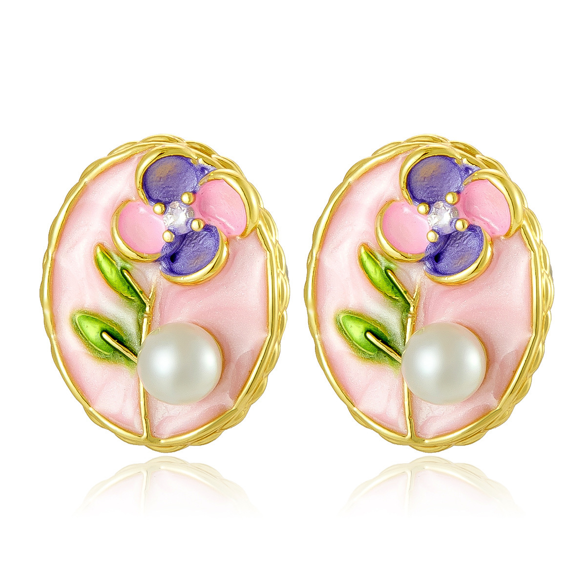 Vintage Oil Painting Flower Pearl Earrings Hot-Selling Elegant Evening Romantic Enamel Studs Fresh Versatile Earrings