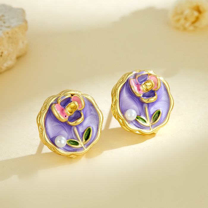 New French Retro Imitation Pearl Oil Drop Earrings Light Luxury Elegant Enamel High-End Painted Flower Earrings