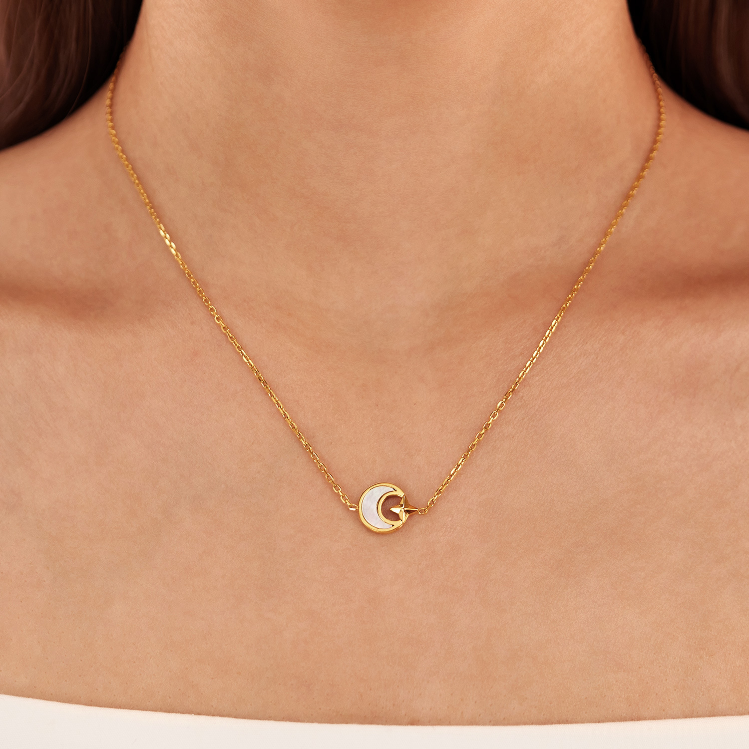 Stainless Steel Necklace for Women Fashionable Versatile Design Sense Four-Pointed Star Shell Moon Titanium Steel Collarbone Chain