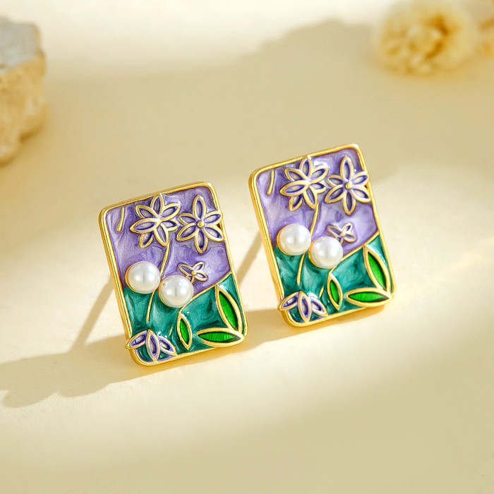 Monet Garden New Oil Painting Style Colorful Oil Drop Flower Earrings with Pearls High-end Versatile Fashion Copper S...