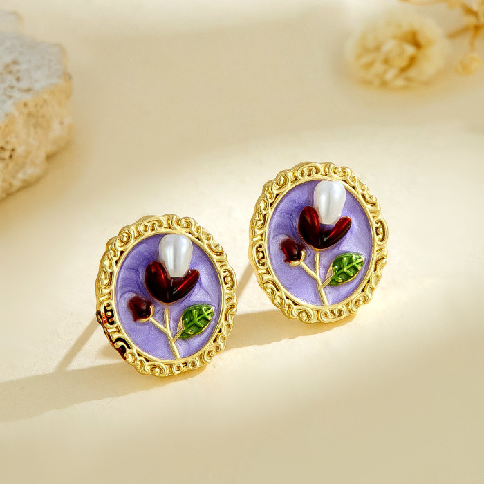 Vintage Oil Painting Style Fashion Versatile Pearl Painted Oil Drop Flower Earrings Sweet Style Niche Design Sense Ea...