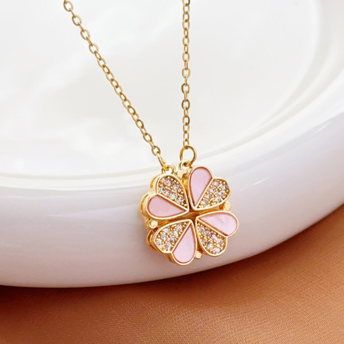 Women's Necklace New One Style for Dual-Wear Heart-to-Heart Open and Close Four-Leaf Flower Necklace Fashion Love Folding Clavicle Chain Wholesale