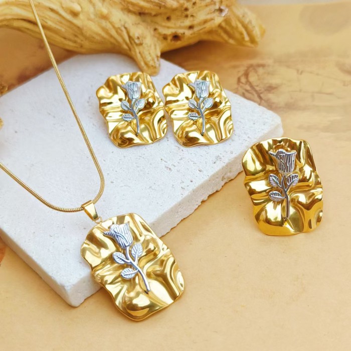 New Women's Titanium Steel Necklace Wrinkled Earrings Textured Rose Stainless Steel Set High-end Non-fading Jewelry,...