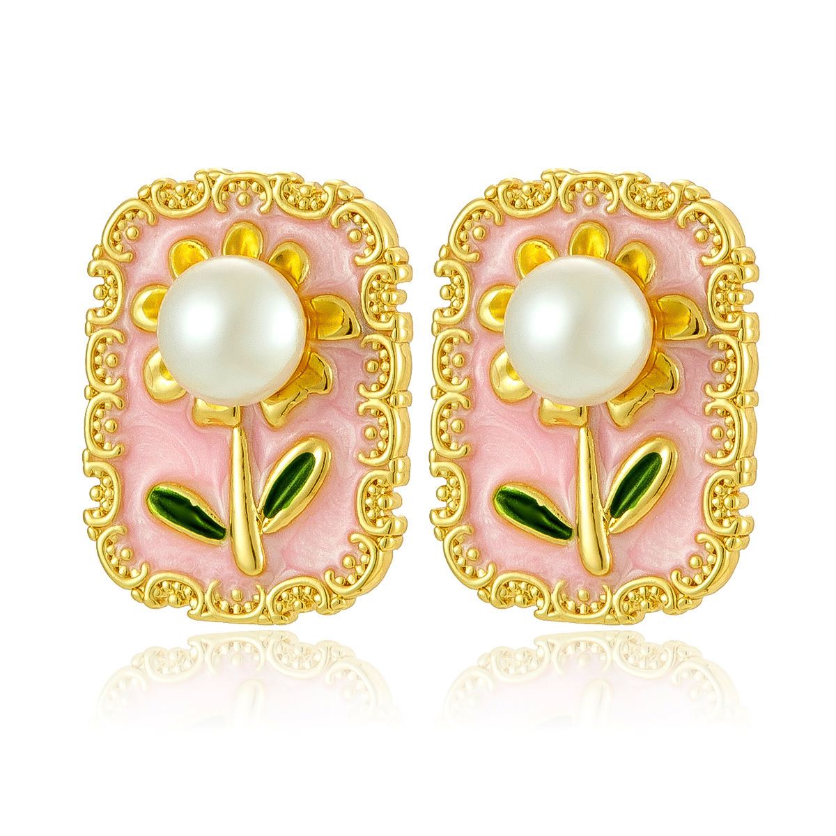 Light Luxury Retro Pearl Inlaid Sunflower Flower Earrings National Trend Painted Enamel Oil Drop Earrings Cross-Border Wholesale