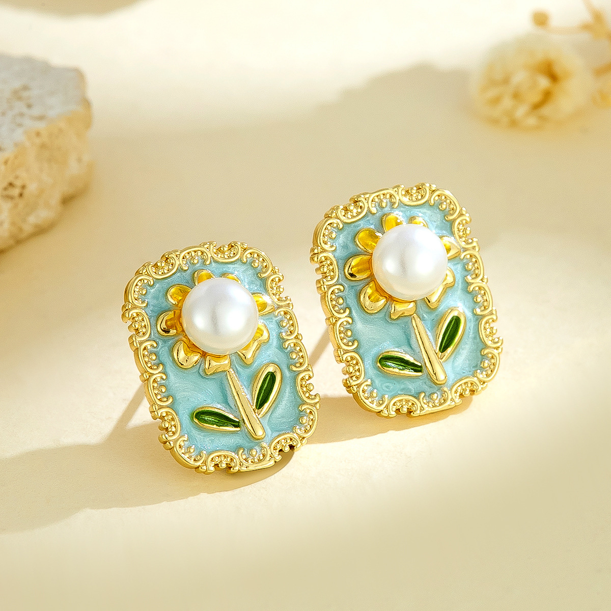 Light Luxury Retro Pearl Inlaid Sunflower Flower Earrings National Trend Painted Enamel Oil Drop Earrings Cross-Border Wholesale
