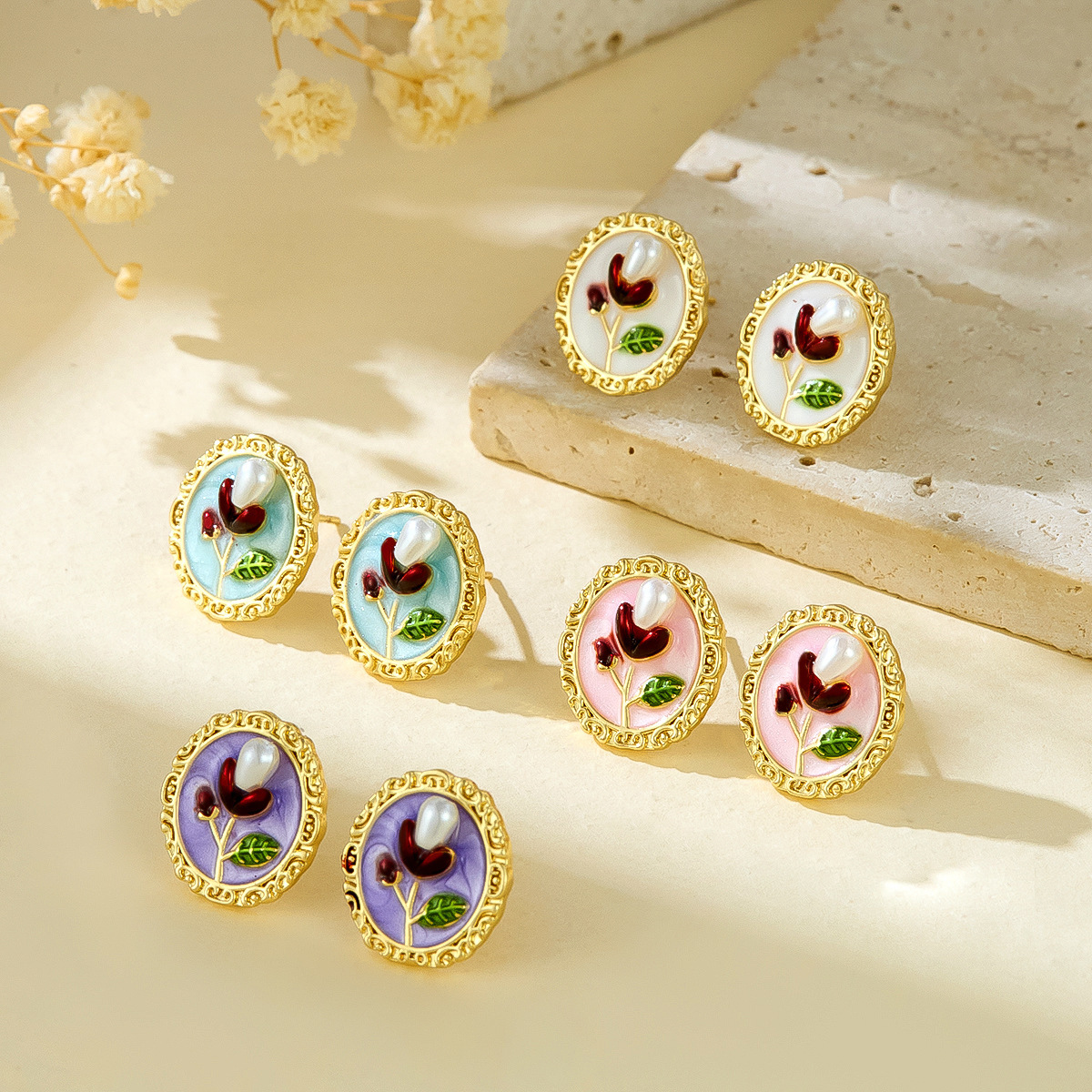 Vintage Oil Painting Style Fashion Versatile Pearl Painted Oil Drop Flower Earrings Sweet Style Niche Design Sense Earrings for Women