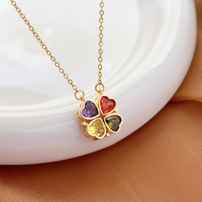Women's Necklace New One Style for Dual-Wear Heart-to-Heart Open and Close Four-Leaf Flower Necklace Fashion Love Folding Clavicle Chain Wholesale