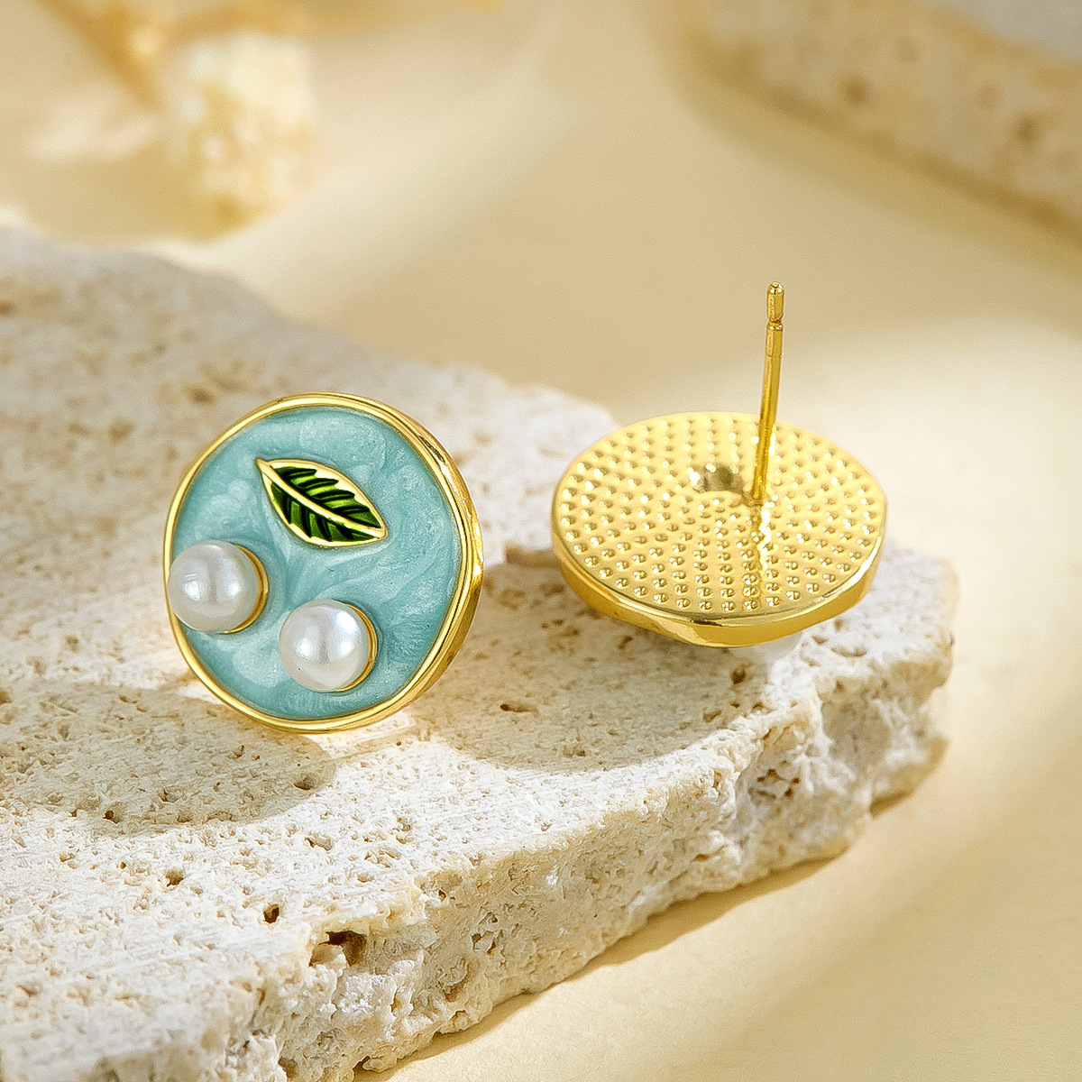 Vintage Style Painted Oil Painting Round Oil Drop Leaf Design Earrings French Niche Elegant Pearl Earrings