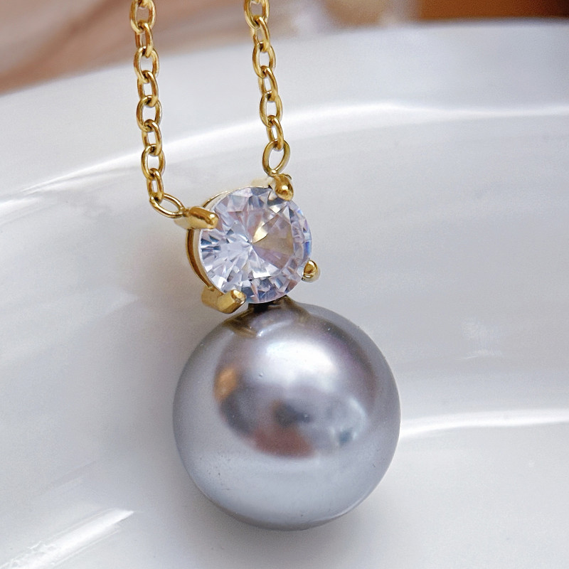 Shijia Elegant Princess Diana Pearl Australian White Necklace for Women Single Silver Gray Perfect Round Collarbone Chain Light Luxury Perfect Round Earrings