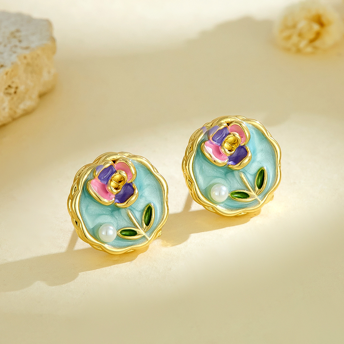 Cross-Border New French Retro Imitation Pearl Oil Drop Earrings Light Luxury Elegant Enamel High-End Painted Flower Earrings