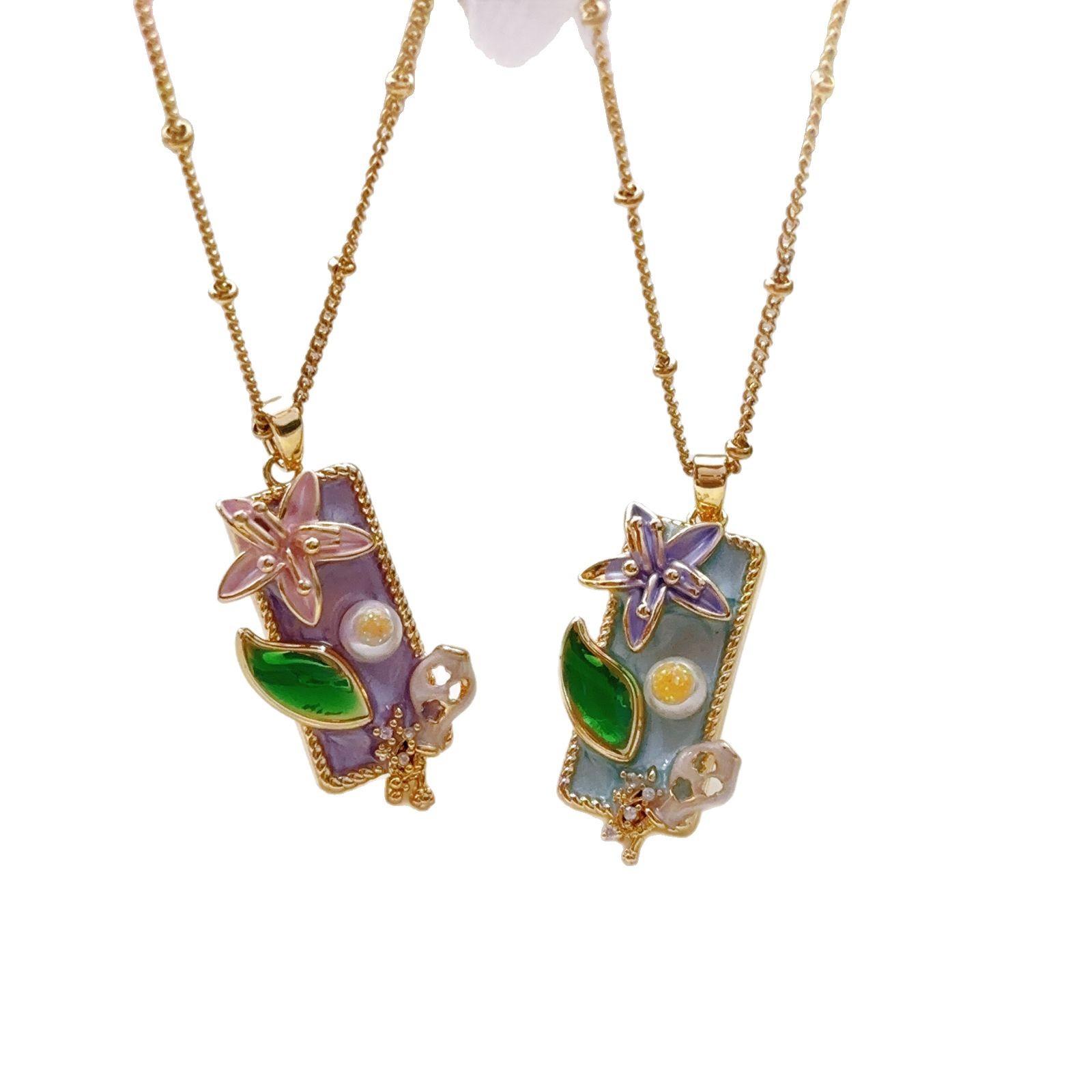 Purple Blue Flower Brand Vintage Oil Painting Style Titanium Steel Necklace Women Pendant DIY Handmade Baroque New Style