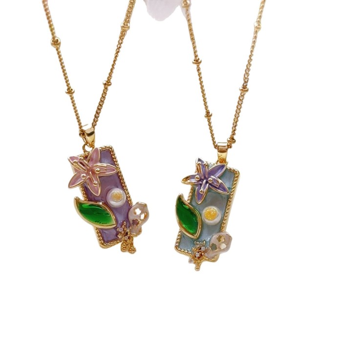 Purple Blue Flower Brand Vintage Oil Painting Style Titanium Steel Necklace Women Pendant DIY Handmade Baroque New Style