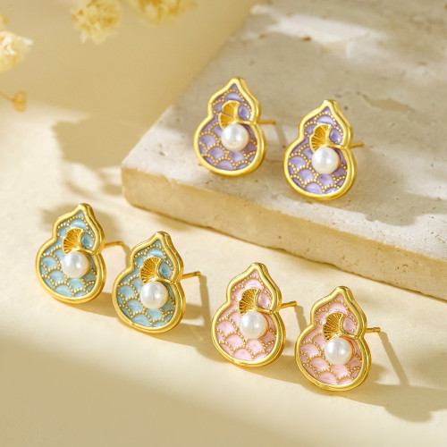 Xiaohongshu Hot-Selling National Style Painted Oil Drop Gourd Earrings Light Luxury High-End Oil Painting Style Enamel Gourd Copper Earrings