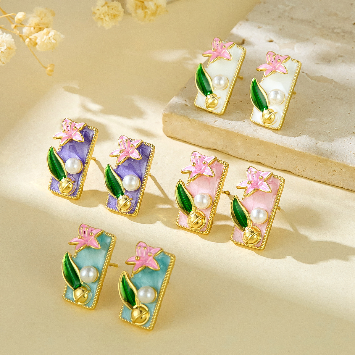 Cross-Border New French Retro Pearl Inlaid Oil Drop Flower Earrings Light Luxury High-End Enamel Painted Flower Earrings