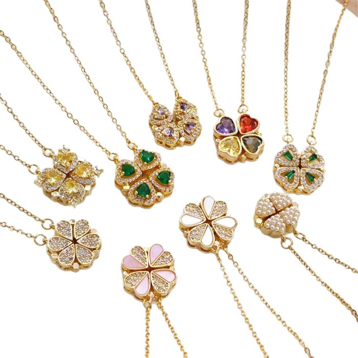 Women's Necklace New One Style for Dual-Wear Heart-to-Heart Open and Close Four-Leaf Flower Necklace Fashion Love Folding Clavicle Chain Wholesale
