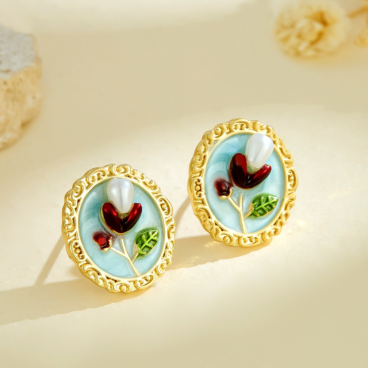 Vintage Oil Painting Style Fashion Versatile Pearl Painted Oil Drop Flower Earrings Sweet Style Niche Design Sense Earrings for Women