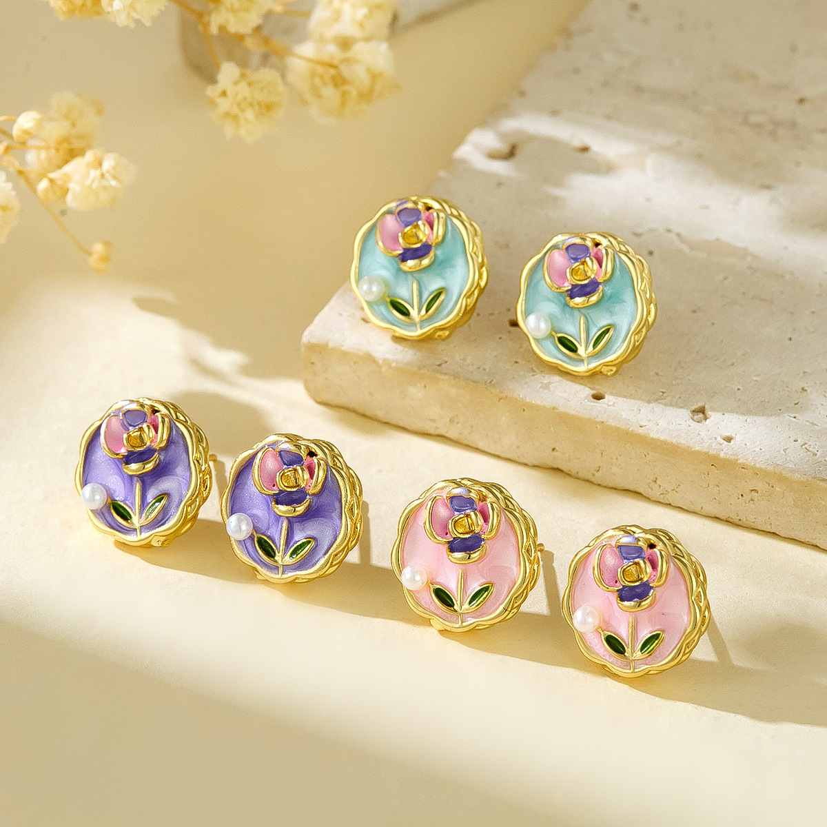 Cross-Border New French Retro Imitation Pearl Oil Drop Earrings Light Luxury Elegant Enamel High-End Painted Flower Earrings