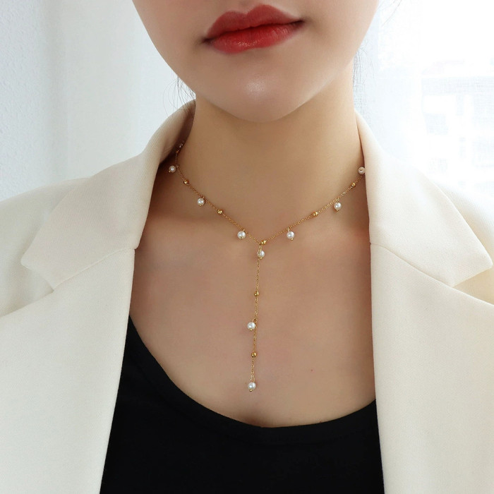 Niche Versatile Retro Style Jewelry Titanium Steel 18K Gold Plated Ins Pearl Loose Bead Necklace Women's Collarbone Chain Cross-Border Product