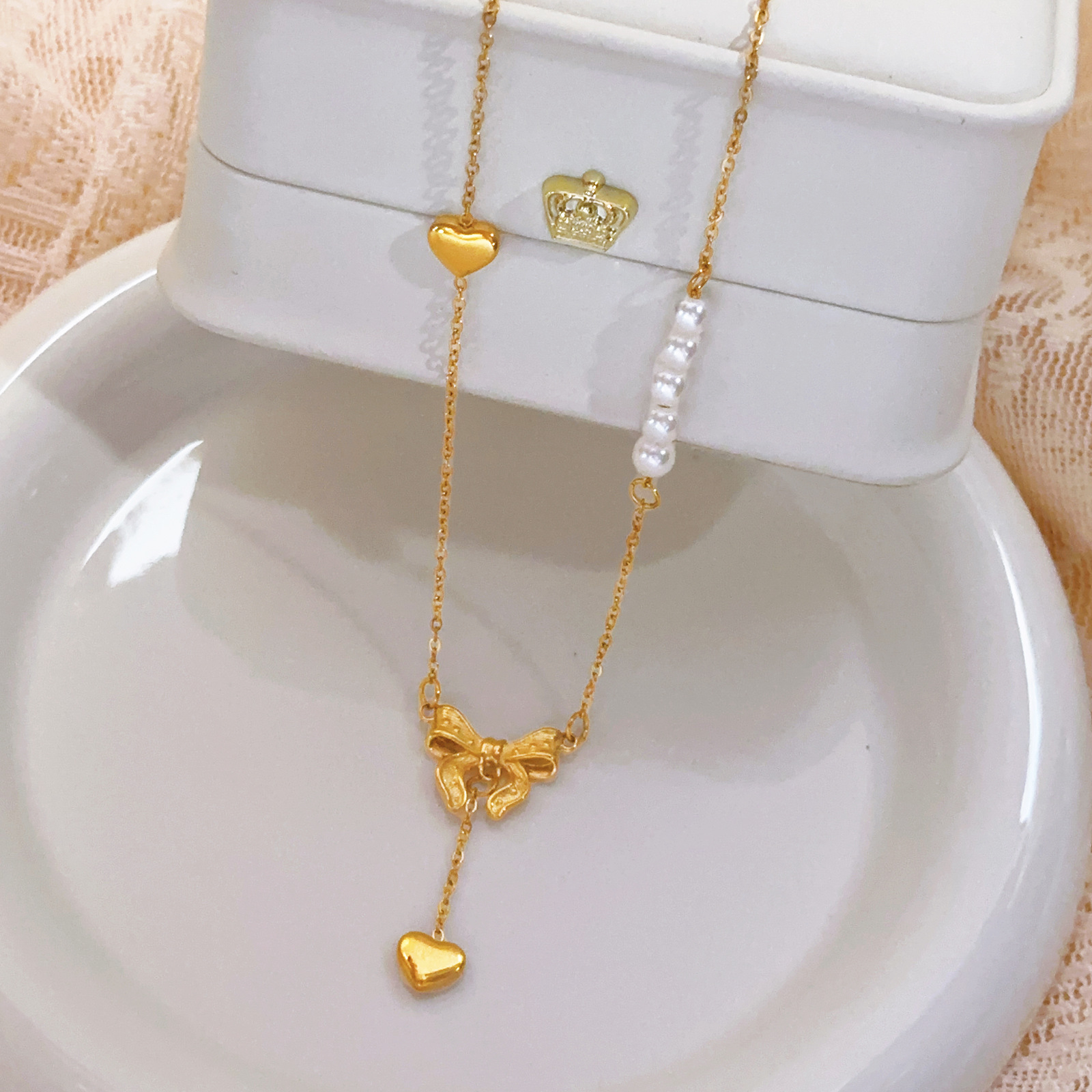 Cross-Border Pearl Heart Bow Tassel Necklace for Women Gold Light Luxury Butterfly Pearl Titanium Steel Fashion Jewelry Wholesale