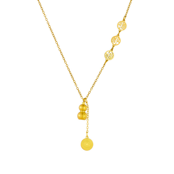 New Fortune Brand Necklace Auspicious Ruyi Gourd Pendant Chinese Style Elegant Titanium Steel Gold Fortune Character Hollow Jewelry Fortune and Prosperity