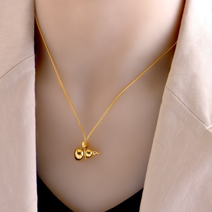 Chinese Style Titanium Steel Lucky Gourd Necklace Minimalist Gold Fortune Character Collarbone Chain Women Trendy Nic...