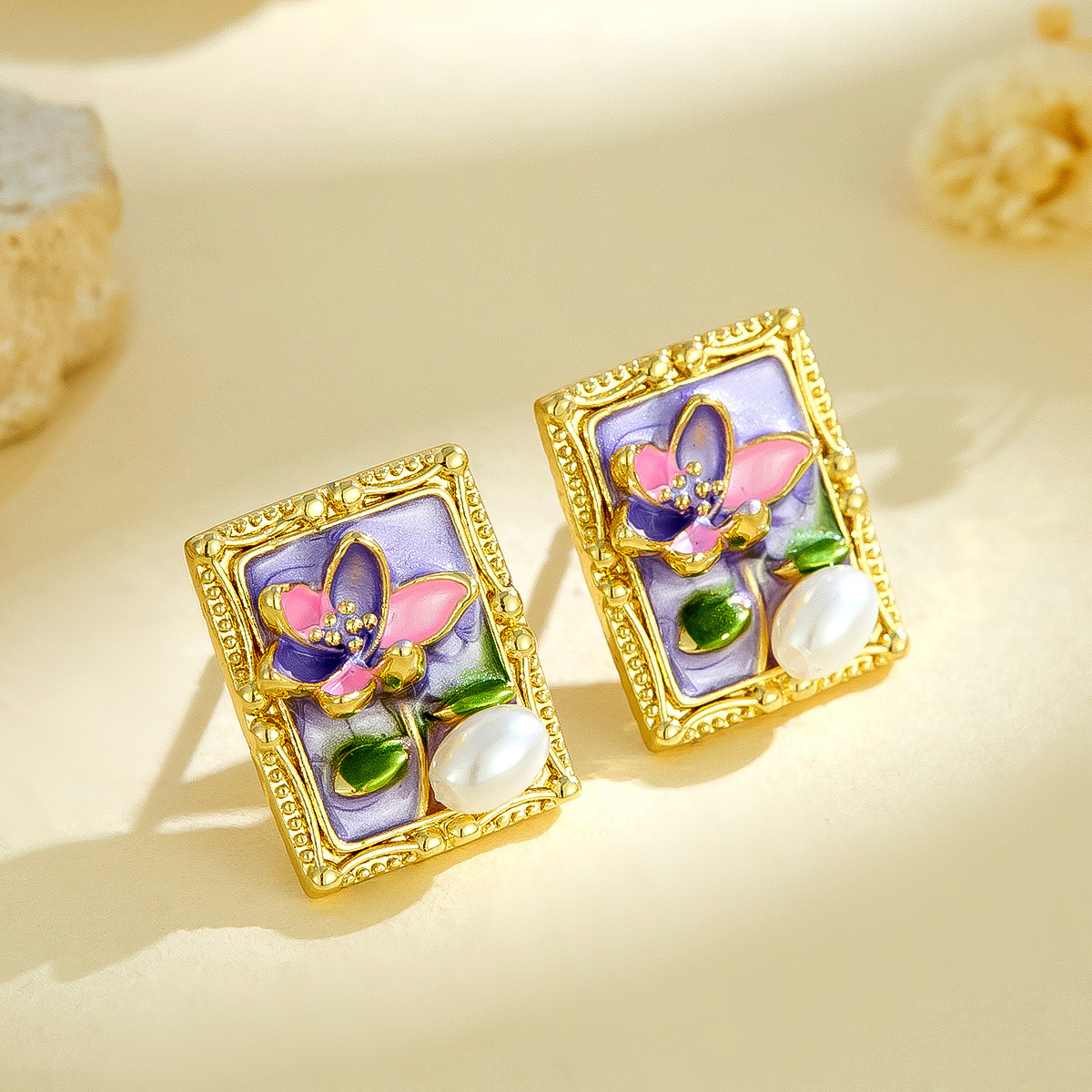 Monet Garden Vintage Style Natural Pearl Earrings European and American Retro High-end Goddess Temperament Oil Painting Style Earrings