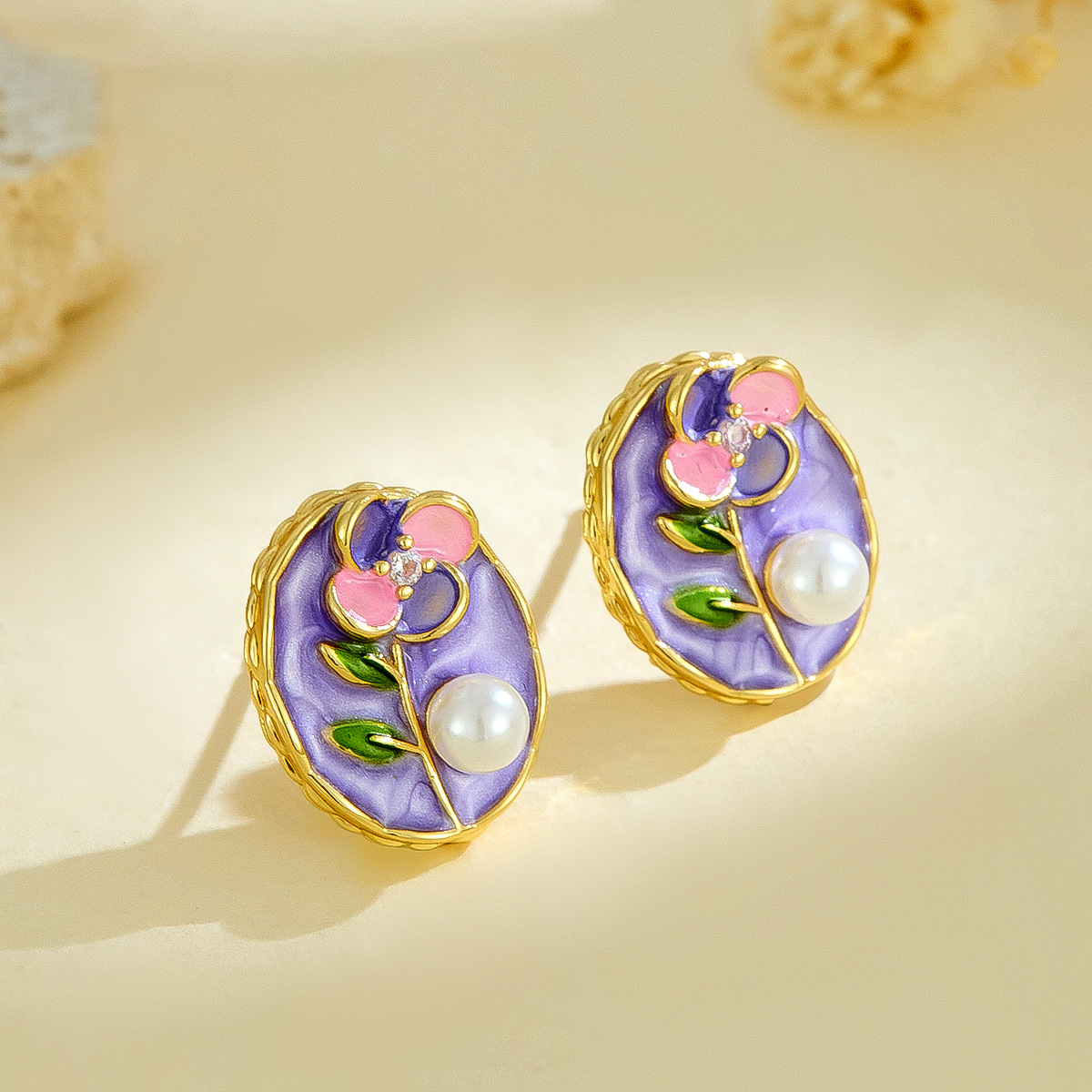 Vintage Oil Painting Flower Pearl Earrings Hot-Selling Elegant Evening Romantic Enamel Studs Fresh Versatile Earrings