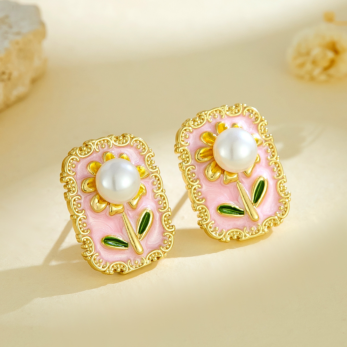 Light Luxury Retro Pearl Inlaid Sunflower Flower Earrings National Trend Painted Enamel Oil Drop Earrings Cross-Border Wholesale