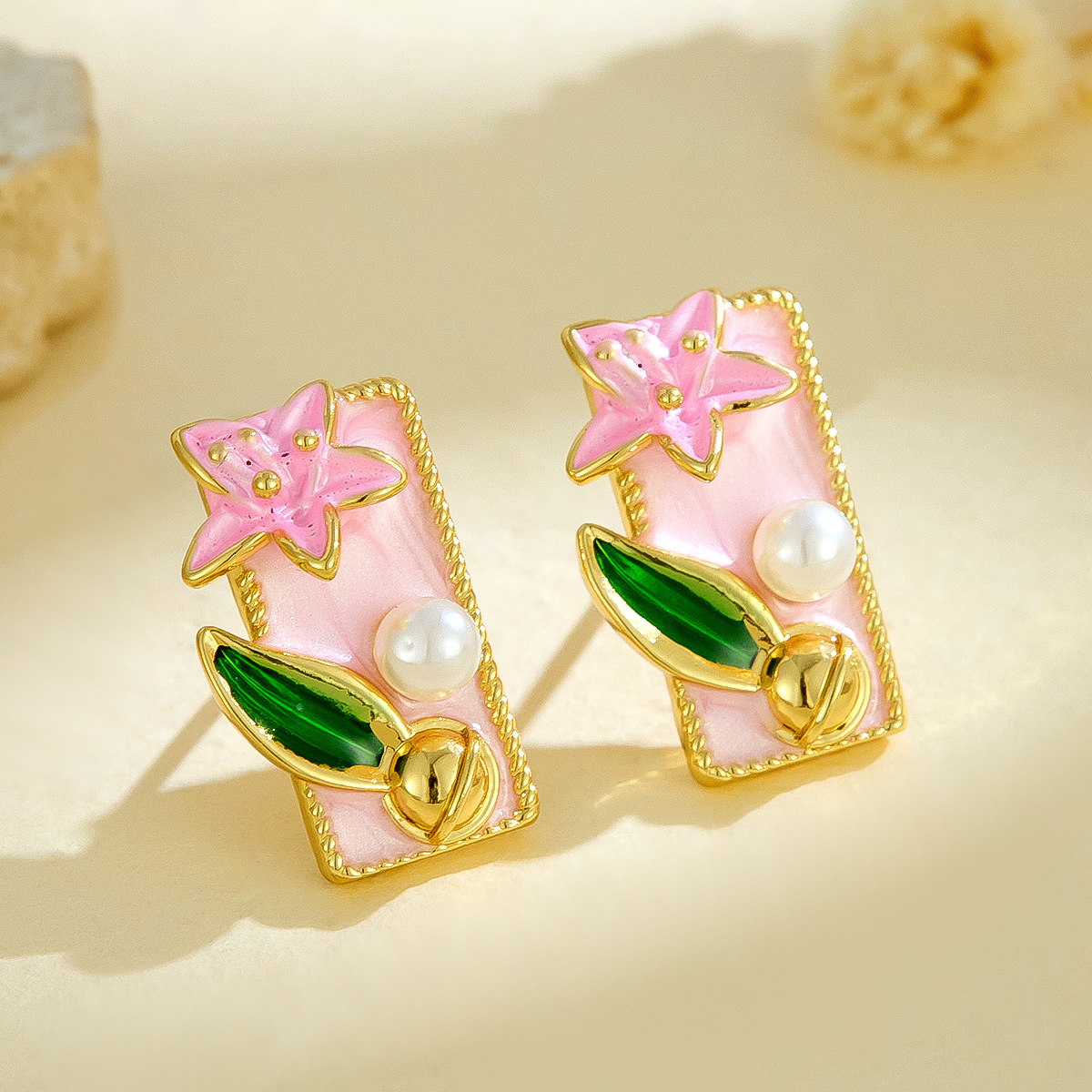 Cross-Border New French Retro Pearl Inlaid Oil Drop Flower Earrings Light Luxury High-End Enamel Painted Flower Earrings