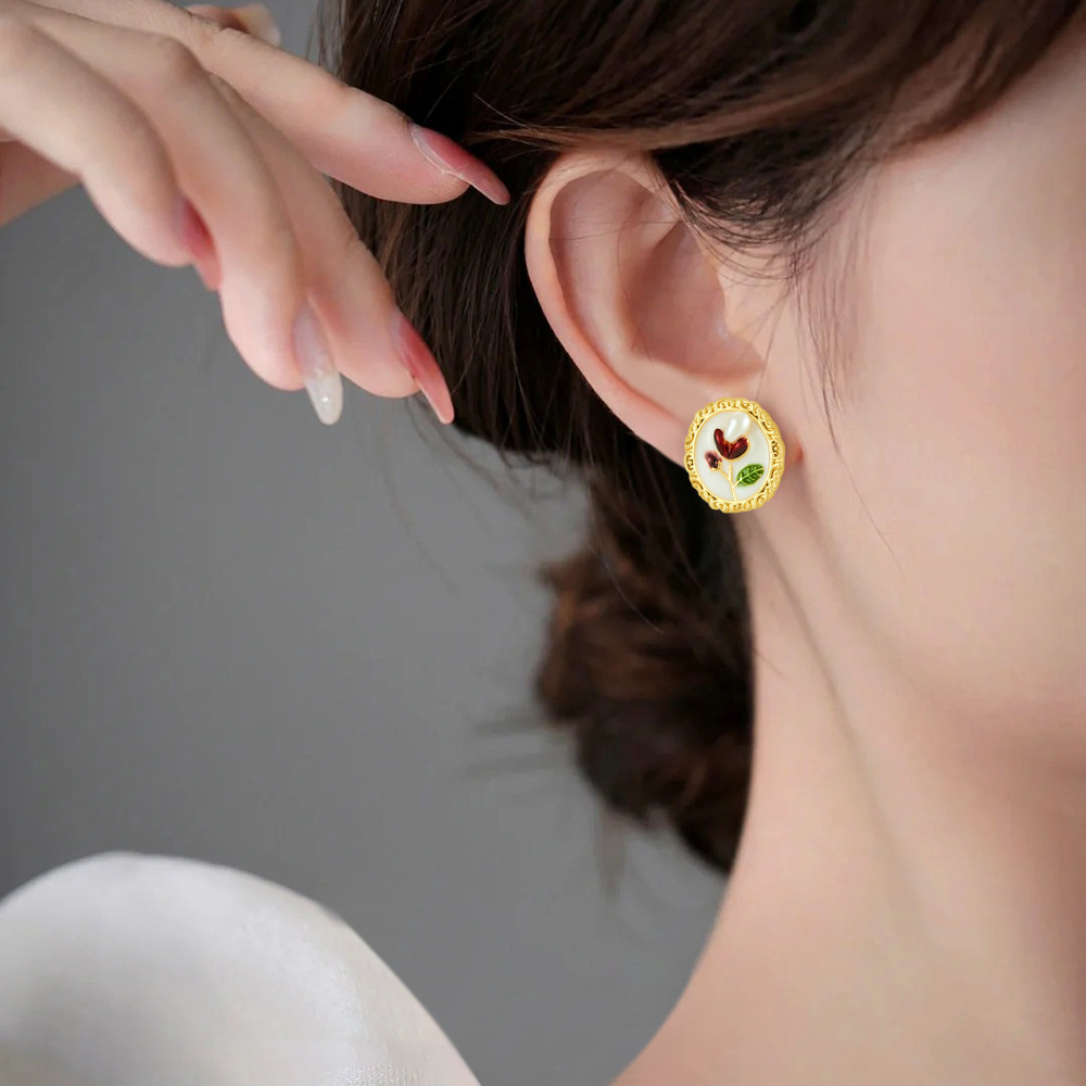 Vintage Oil Painting Style Fashion Versatile Pearl Painted Oil Drop Flower Earrings Sweet Style Niche Design Sense Earrings for Women