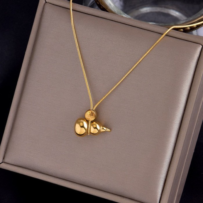 Chinese Style Titanium Steel Lucky Gourd Necklace Minimalist Gold Fortune Character Collarbone Chain Women Trendy Nic...
