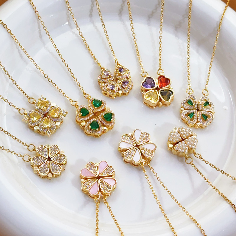 Women's Necklace New One Style for Dual-Wear Heart-to-Heart Open and Close Four-Leaf Flower Necklace Fashion Love Folding Clavicle Chain Wholesale
