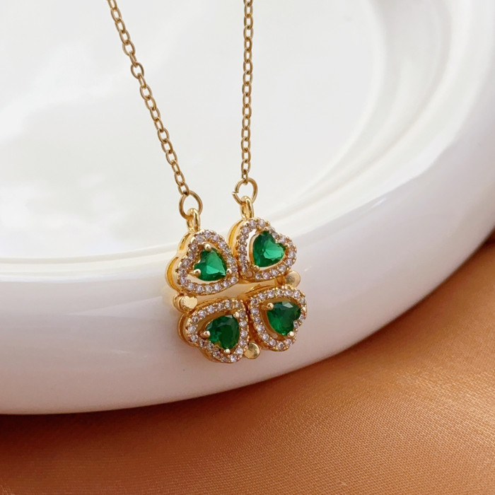 Women's Necklace New One Style for Dual-Wear Heart-to-Heart Open and Close Four-Leaf Flower Necklace Fashion Love Folding Clavicle Chain Wholesale