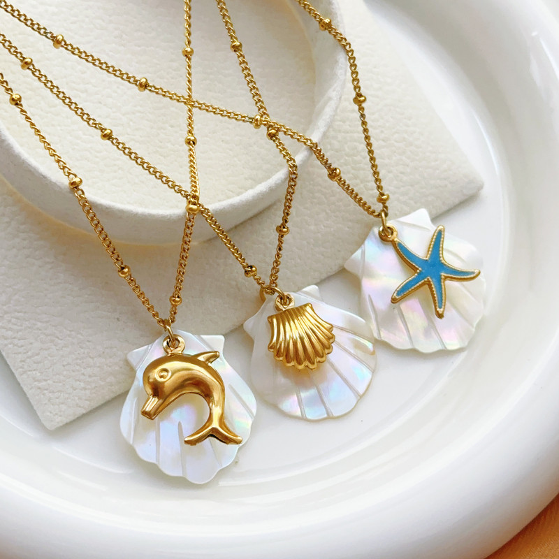 Vacation Style Natural Shell Beach Starfish Necklace Summer Style Conch Pendant Stainless Steel Personalized Clavicle Chain Female