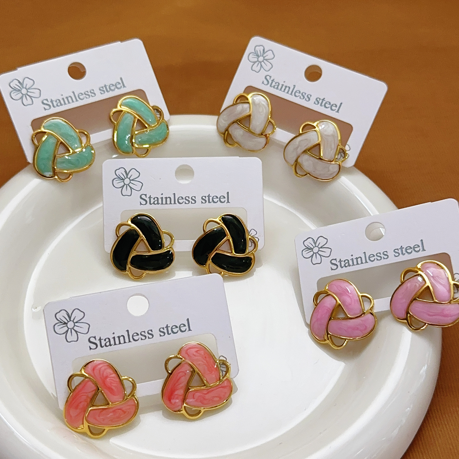 Cross-Border Vintage Enamel Oil Drop Geometric Stud Earrings Palace Style French Fashion Stainless Steel Earrings Colorful Jewelry