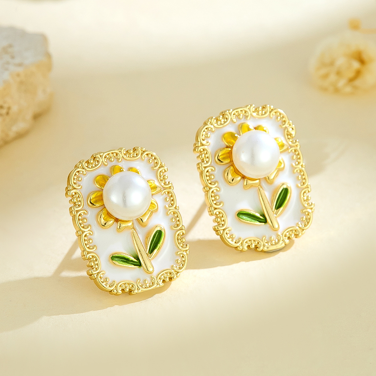 Light Luxury Retro Pearl Inlaid Sunflower Flower Earrings National Trend Painted Enamel Oil Drop Earrings Cross-Border Wholesale