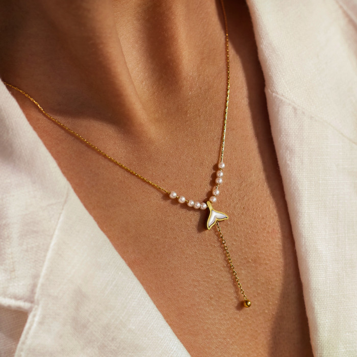Exquisite Necklace for Women Stainless Steel Fish Tail Tassel Pearl Light Luxury High-end Titanium Steel Collarbone C...