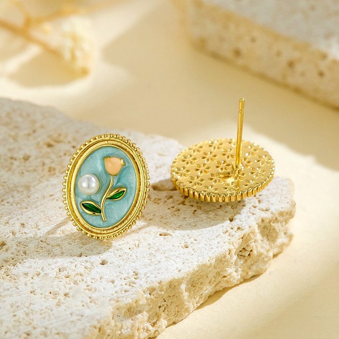New Chinese Style Niche Design Oil Painting Style Earrings Pearl Flower Painted Enamel Studs Elegant Sweet Earrings W...