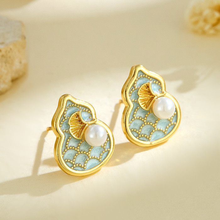 Xiaohongshu Hot-Selling National Style Painted Oil Drop Gourd Earrings Light Luxury High-End Oil Painting Style Ename...