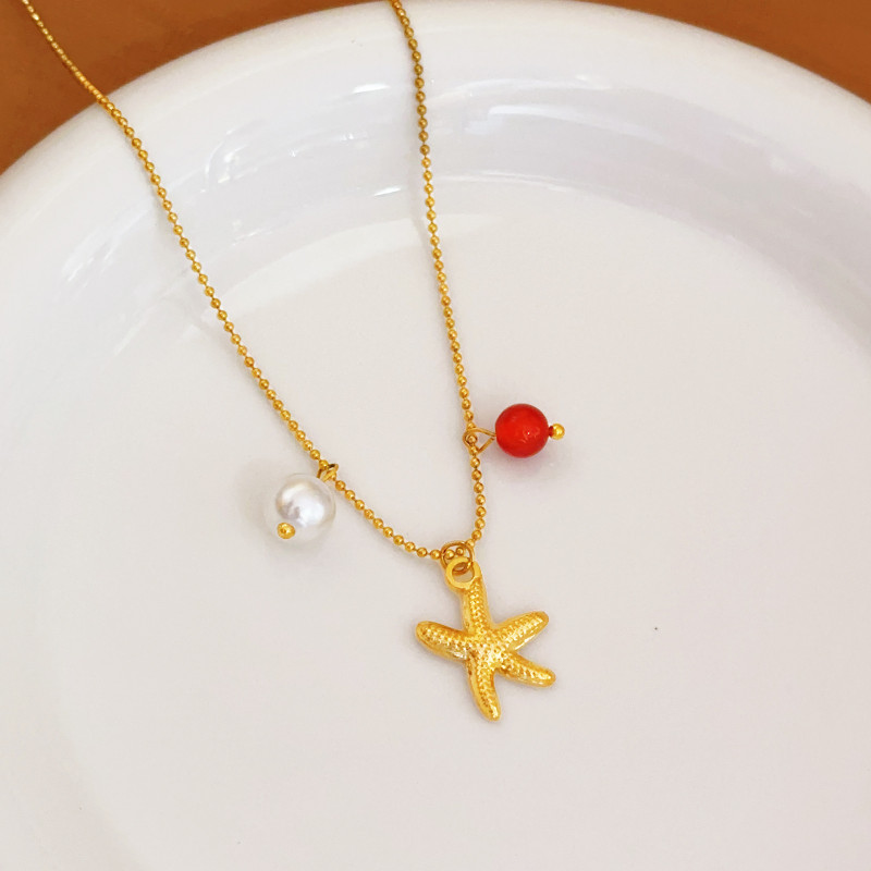 Amazon New Bohemian Style Pearl Necklace Starfish Pendant Choker for Women Fashion Commuting Design Jewelry