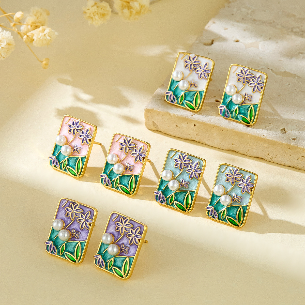 Monet Garden New Oil Painting Style Colorful Oil Drop Flower Earrings with Pearls High-end Versatile Fashion Copper Stud Earrings