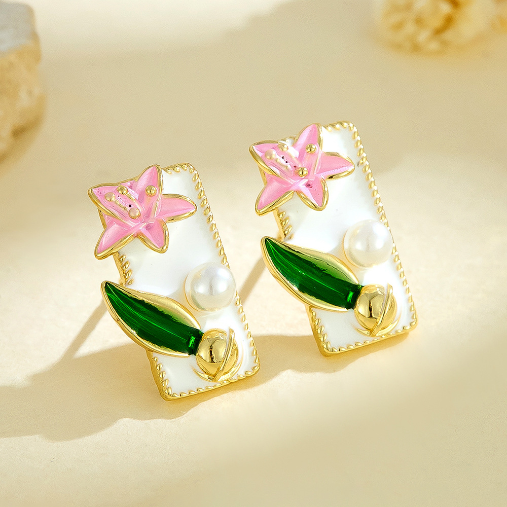 Cross-Border New French Retro Pearl Inlaid Oil Drop Flower Earrings Light Luxury High-End Enamel Painted Flower Earrings