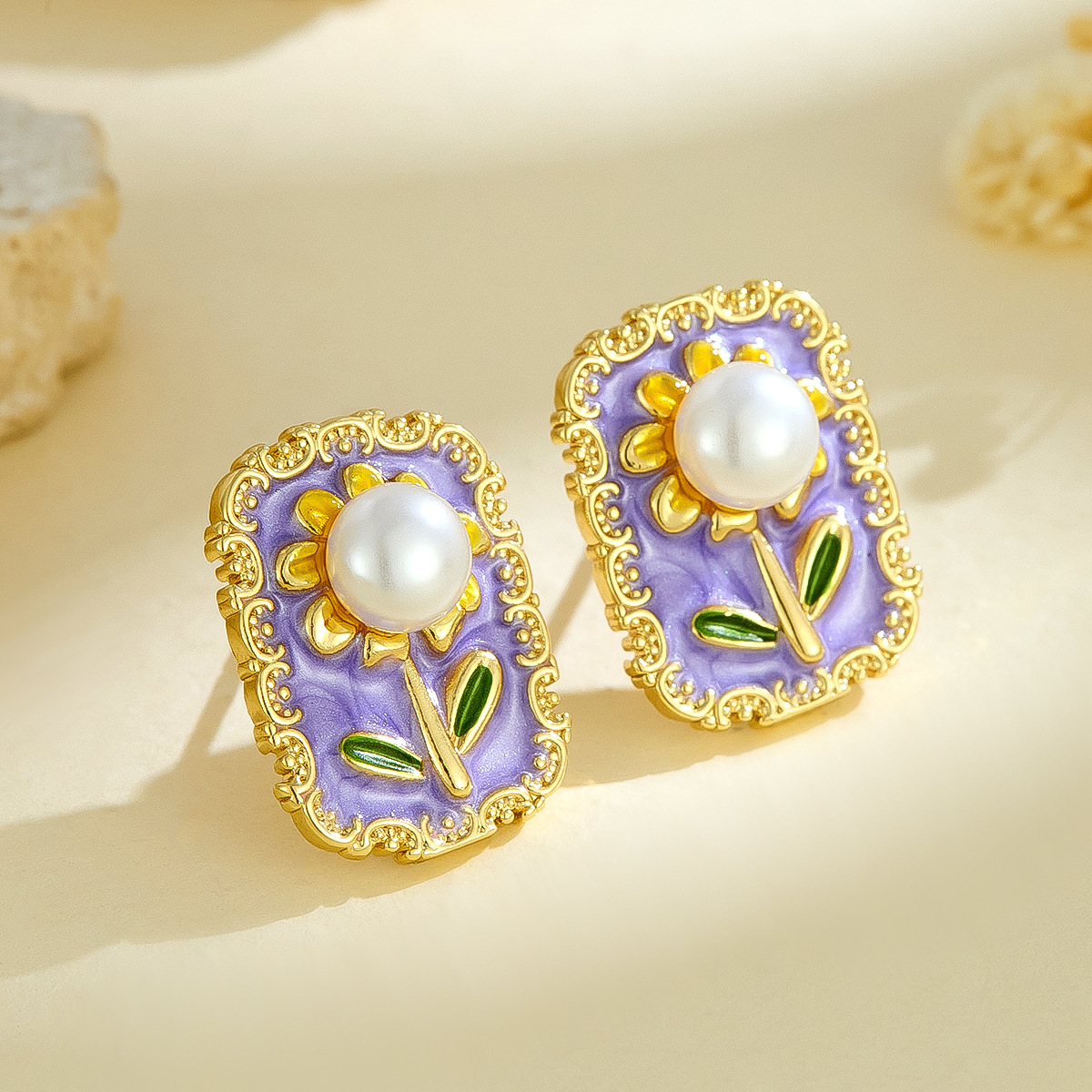 Light Luxury Retro Pearl Inlaid Sunflower Flower Earrings National Trend Painted Enamel Oil Drop Earrings Cross-Border Wholesale