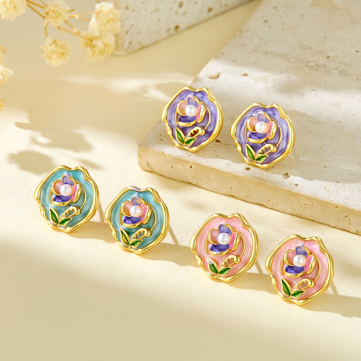 National Style Trendy Colorful Flower Earrings Vintage Style Enamel Oil Drop Flower Earrings Retro Palace High-end Earrings